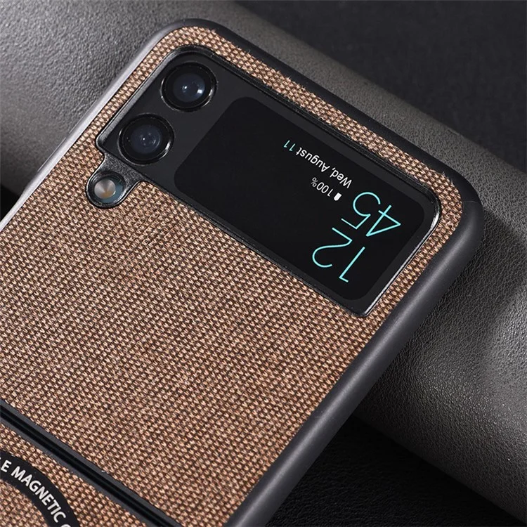 For Samsung Galaxy Z Flip4 5G Cloth Texture Leather Coated PC Phone Case Magnetic Wireless Charging Folding Cover - Brown