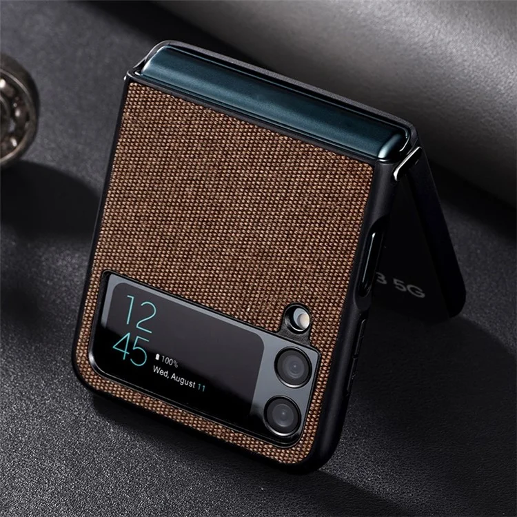 For Samsung Galaxy Z Flip4 5G Cloth Texture Leather Coated PC Phone Case Magnetic Wireless Charging Folding Cover - Brown