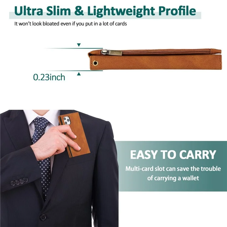 Para Iphone 14 Pro Max 6.7 Pulgadas de Calcetín Exterior Policita de Bolsillo Touch de Cuero de Cuero Soporte Para la Cartera Múltiples Ranuras Para el Teléfono Con Correa Para la Mano - Marrón