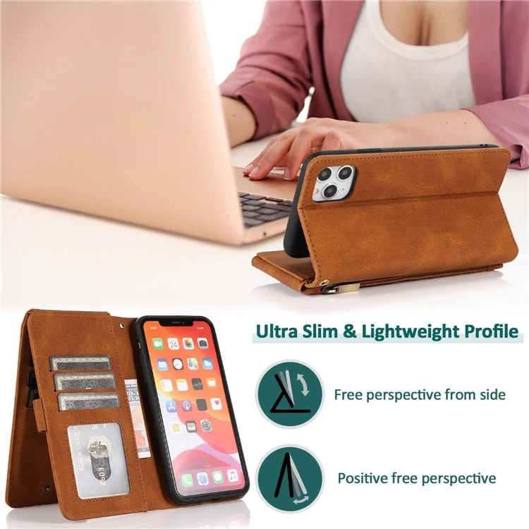 Para Iphone 14 Max 6.7 Pulgadas de Bolsillo de Bolsillo de Bolsillo de Bolsillo de Bolsillo de la Piel Touch de Piel PU Cuero de Cuero Ranuras Para Tarjetas Con Correa Para la Mano - Marrón