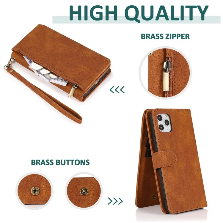 Para Iphone 14 Max 6.7 Pulgadas de Bolsillo de Bolsillo de Bolsillo de Bolsillo de Bolsillo de la Piel Touch de Piel PU Cuero de Cuero Ranuras Para Tarjetas Con Correa Para la Mano - Marrón