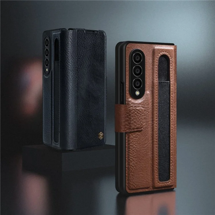 NILLKIN para Samsung Galaxy Z Fold4 5G Funda de teléfono de protección completa de PU Leather + PC con ranura para bolígrafo - Marrón