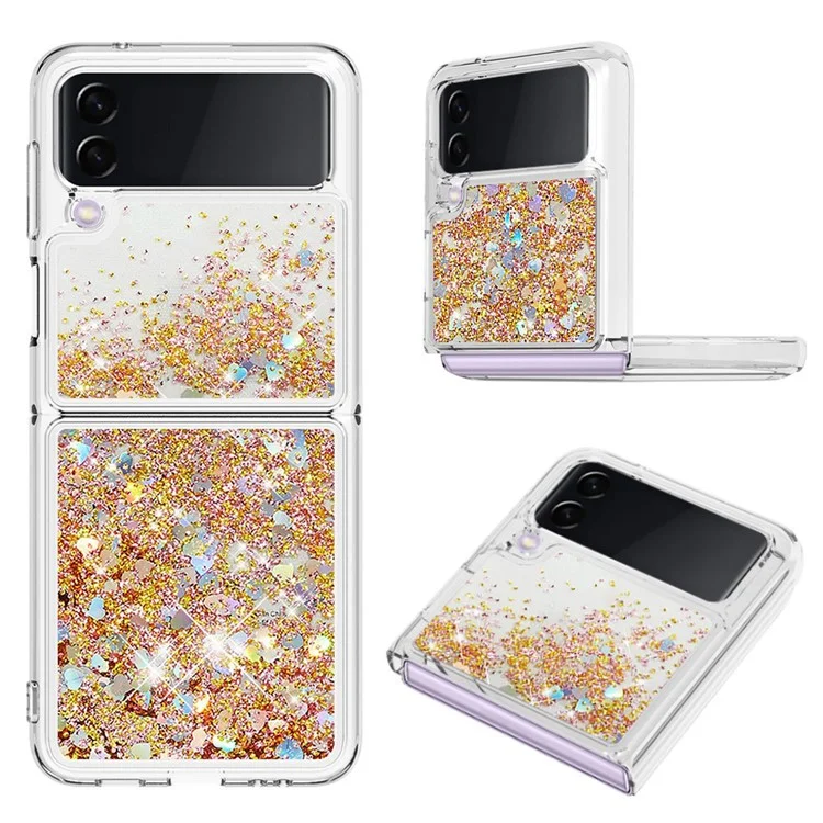YB Quicksand Series-1 Para Samsung Galaxy Z Flip3 5G, Case de Teléfono Anti-ropa TPU Líquido y Cubierta Posterior - Oro / Corazón