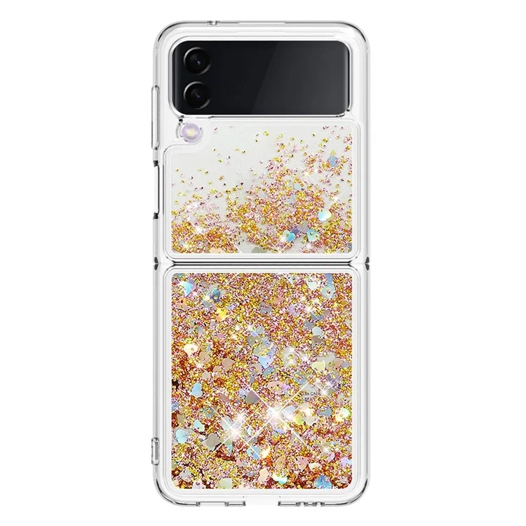 YB Quicksand Series-1 Para Samsung Galaxy Z Flip3 5G, Case de Teléfono Anti-ropa TPU Líquido y Cubierta Posterior - Oro / Corazón