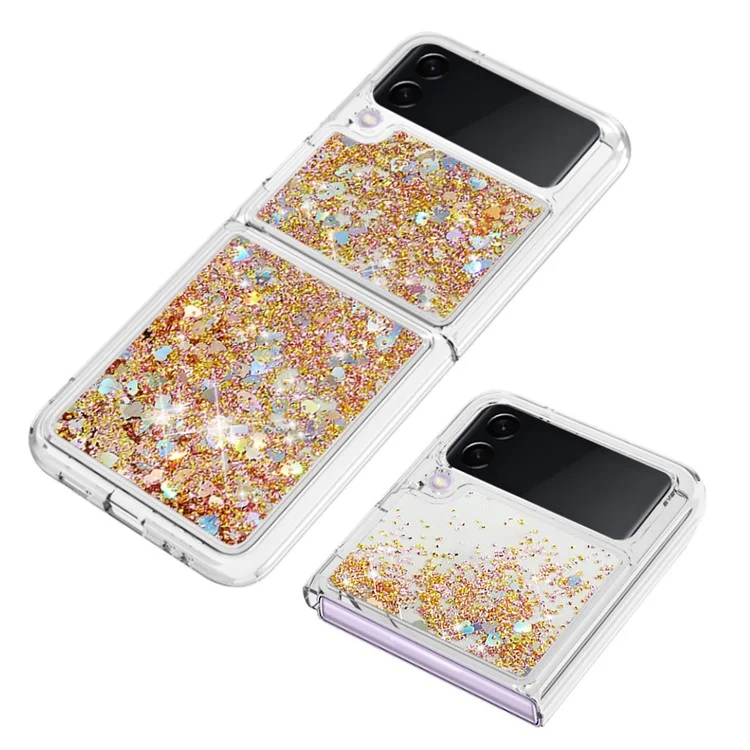 YB Quicksand Series-1 Para Samsung Galaxy Z Flip3 5G, Case de Teléfono Anti-ropa TPU Líquido y Cubierta Posterior - Oro / Corazón
