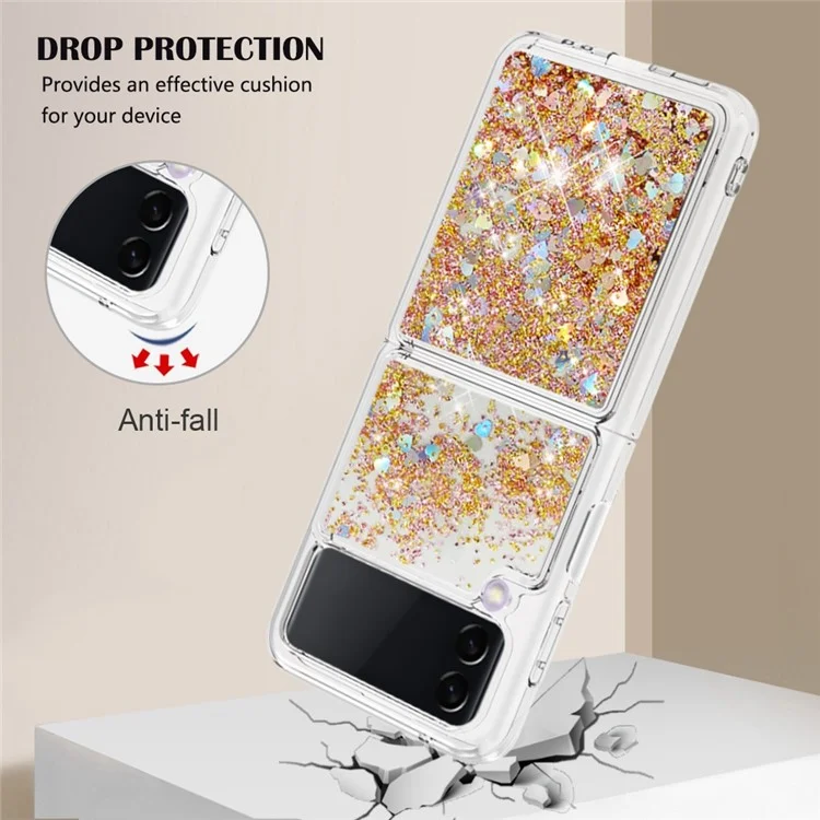 YB Quicksand Series-1 Para Samsung Galaxy Z Flip3 5G, Case de Teléfono Anti-ropa TPU Líquido y Cubierta Posterior - Oro / Corazón