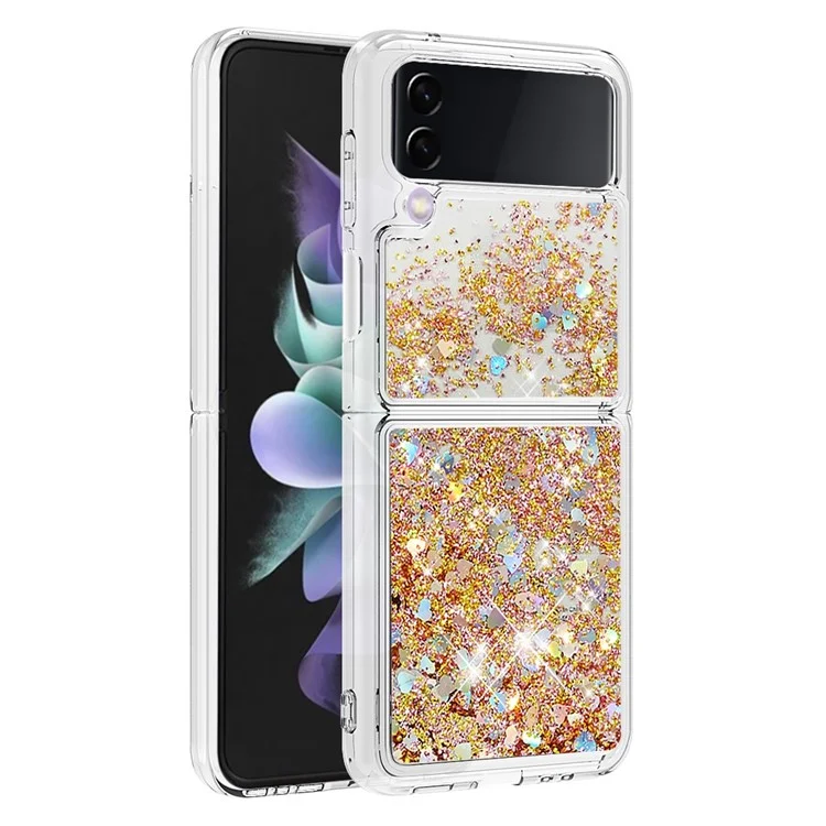 YB Quicksand Series-1 Para Samsung Galaxy Z Flip3 5G, Case de Teléfono Anti-ropa TPU Líquido y Cubierta Posterior - Oro / Corazón