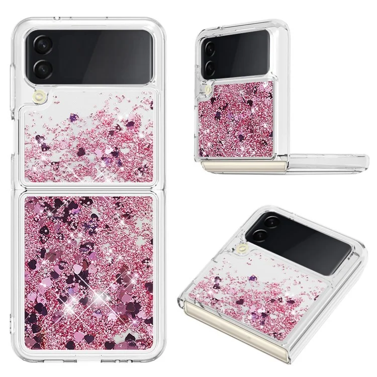 YB Quicksand Series-1 para Samsung Galaxy Z Flip4 5G, Capa de telefone móvel com casco de areia líquida anti-arranhões e antiimpacto de TPU macio - Rosa Gold / Corações