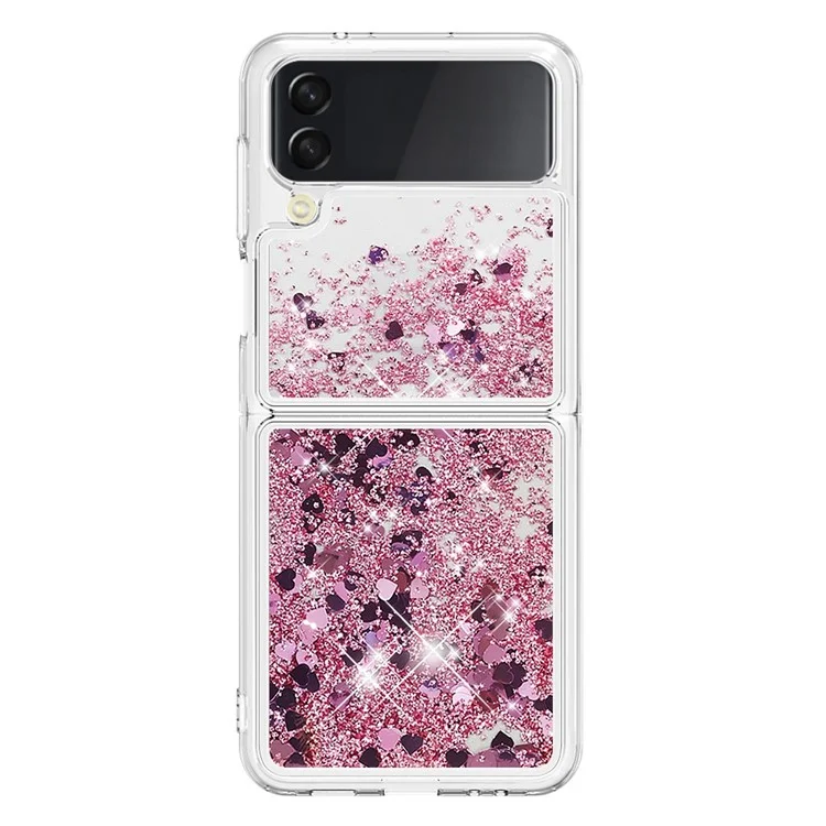 YB Quicksand Series-1 para Samsung Galaxy Z Flip4 5G, Capa de telefone móvel com casco de areia líquida anti-arranhões e antiimpacto de TPU macio - Rosa Gold / Corações