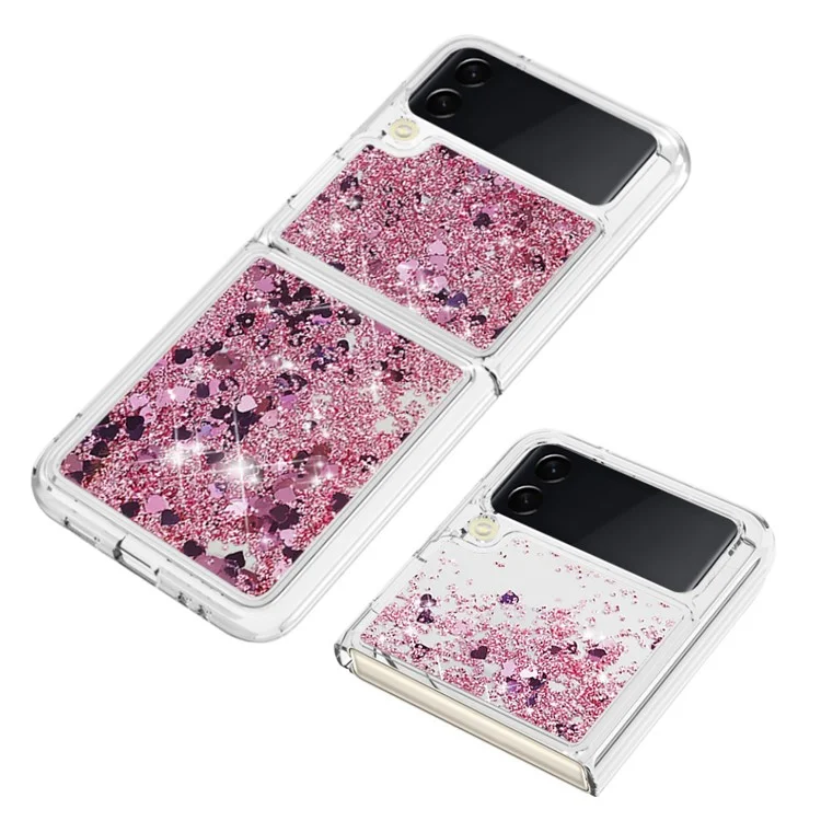 YB Quicksand Series-1 para Samsung Galaxy Z Flip4 5G, Capa de telefone móvel com casco de areia líquida anti-arranhões e antiimpacto de TPU macio - Rosa Gold / Corações