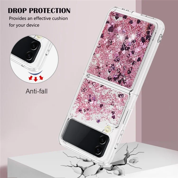 YB Quicksand Series-1 para Samsung Galaxy Z Flip4 5G, Capa de telefone móvel com casco de areia líquida anti-arranhões e antiimpacto de TPU macio - Rosa Gold / Corações
