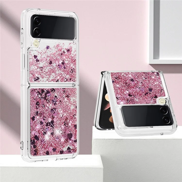 YB Quicksand Series-1 para Samsung Galaxy Z Flip4 5G, Capa de telefone móvel com casco de areia líquida anti-arranhões e antiimpacto de TPU macio - Rosa Gold / Corações