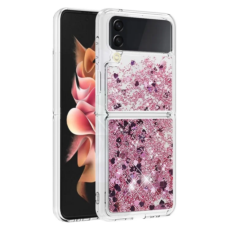 YB Quicksand Series-1 para Samsung Galaxy Z Flip4 5G, Capa de telefone móvel com casco de areia líquida anti-arranhões e antiimpacto de TPU macio - Rosa Gold / Corações