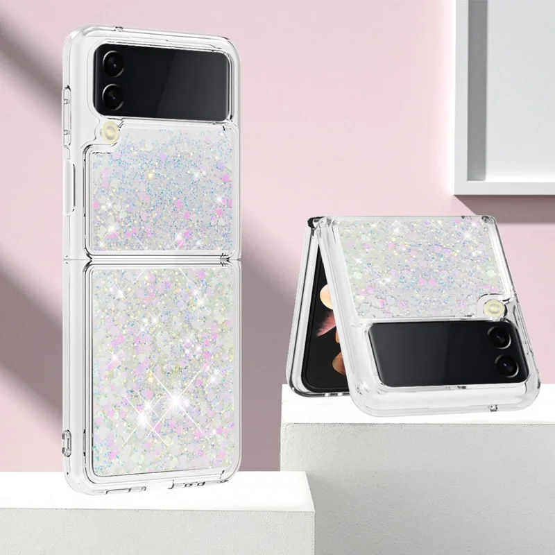 For Samsung Galaxy Z Flip4 5GTPU Case Glitter Quicksand Shockproof Phone Back Cover - Laser  /  Hearts