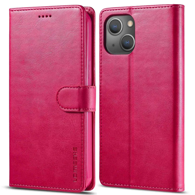 LC.IMEEKE For iPhone 14 6.1 inch Flip Folio Book PU Leather Case Wallet Stand Shockproof TPU Inner Shell Phone Cover - Rose