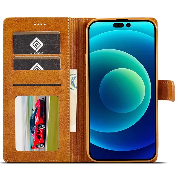 LC.IMEEKE For iPhone 14 Pro 6.1 inch PU Leather Flip Folio Case Wallet Style Magnetic Closure Stand Cover - Light Brown
