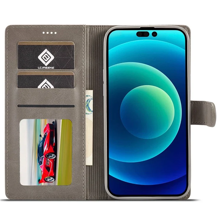 LC.IMEEKE For iPhone 14 Pro Max 6.7 inch PU Leather Folio Flip Wallet Case Magnetic Closure Stand Shockproof Phone Cover - Grey