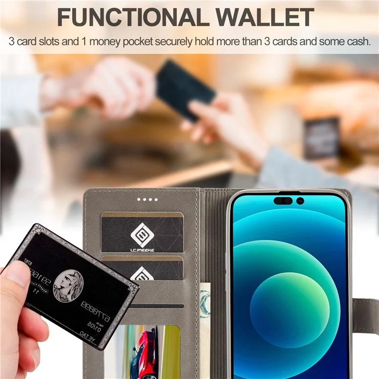 LC.IMEEKE For iPhone 14 Pro Max 6.7 inch PU Leather Folio Flip Wallet Case Magnetic Closure Stand Shockproof Phone Cover - Grey