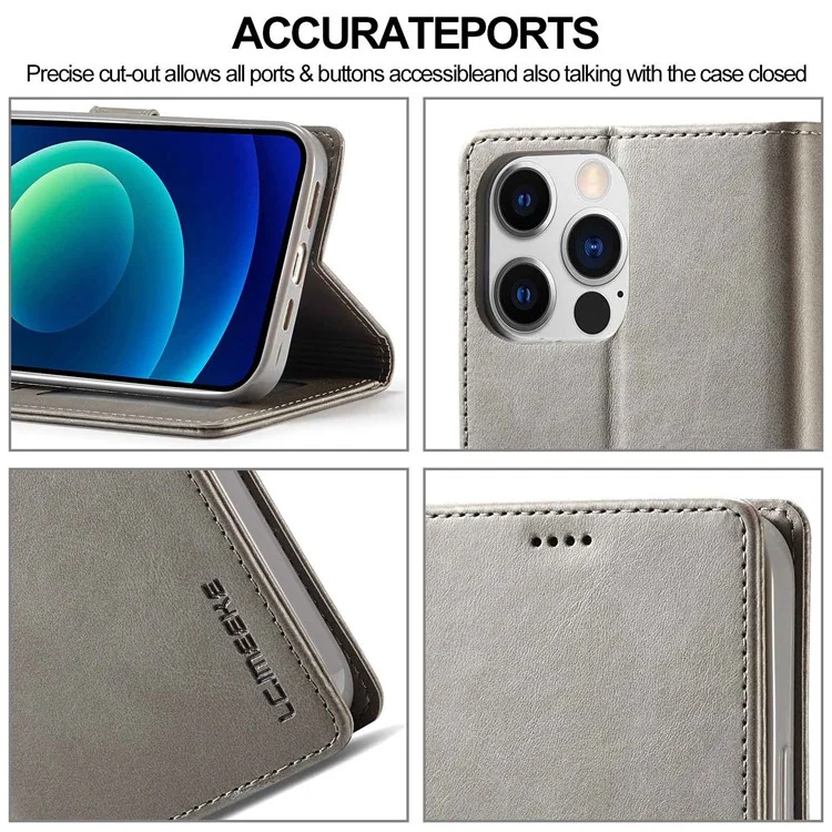 LC.IMEEKE For iPhone 14 Pro Max 6.7 inch PU Leather Folio Flip Wallet Case Magnetic Closure Stand Shockproof Phone Cover - Grey