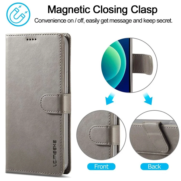 LC.IMEEKE For iPhone 14 Pro Max 6.7 inch PU Leather Folio Flip Wallet Case Magnetic Closure Stand Shockproof Phone Cover - Grey