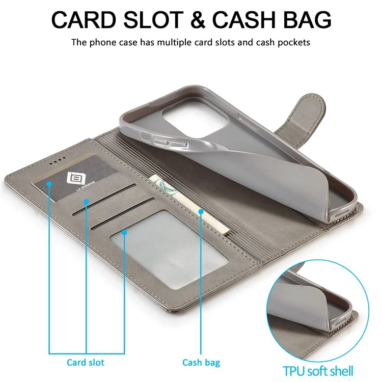 LC.IMEEKE For iPhone 14 Pro Max 6.7 inch PU Leather Folio Flip Wallet Case Magnetic Closure Stand Shockproof Phone Cover - Grey