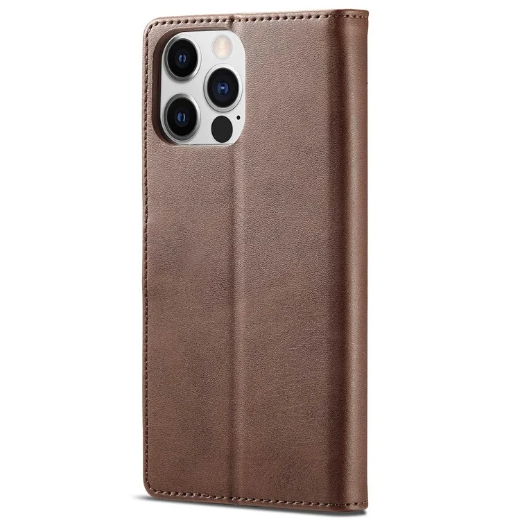 LC.IMEEKE For iPhone 14 Pro Max 6.7 inch PU Leather Folio Flip Wallet Case Magnetic Closure Stand Shockproof Phone Cover - Brown
