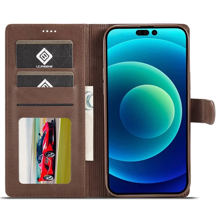 LC.IMEEKE For iPhone 14 Pro Max 6.7 inch PU Leather Folio Flip Wallet Case Magnetic Closure Stand Shockproof Phone Cover - Brown
