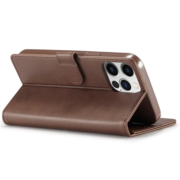 LC.IMEEKE For iPhone 14 Pro Max 6.7 inch PU Leather Folio Flip Wallet Case Magnetic Closure Stand Shockproof Phone Cover - Brown