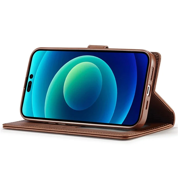 LC.IMEEKE For iPhone 14 Pro Max 6.7 inch PU Leather Folio Flip Wallet Case Magnetic Closure Stand Shockproof Phone Cover - Brown