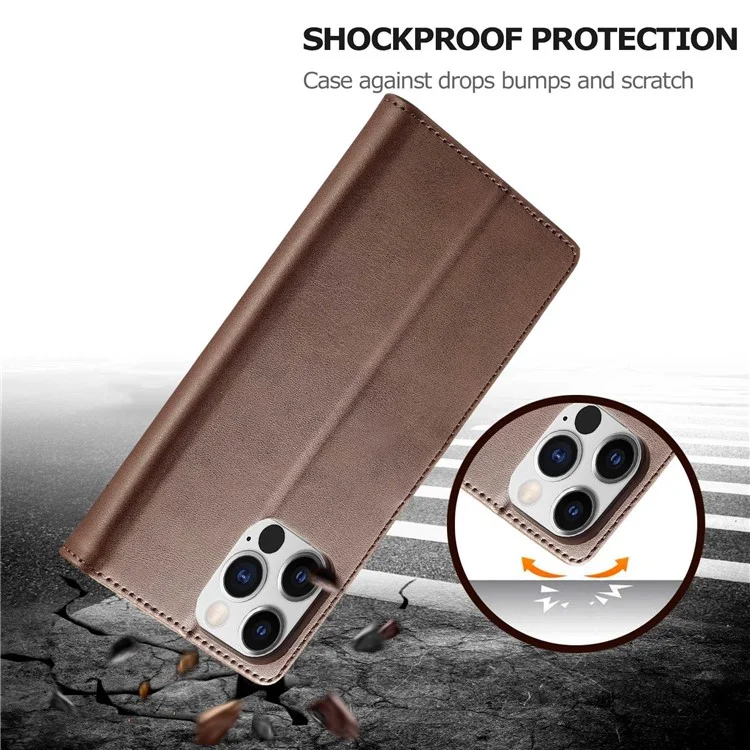LC.IMEEKE For iPhone 14 Pro Max 6.7 inch PU Leather Folio Flip Wallet Case Magnetic Closure Stand Shockproof Phone Cover - Brown