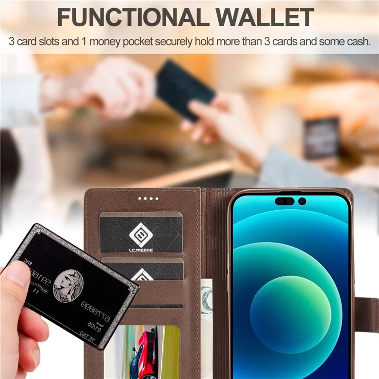 LC.IMEEKE For iPhone 14 Pro Max 6.7 inch PU Leather Folio Flip Wallet Case Magnetic Closure Stand Shockproof Phone Cover - Brown