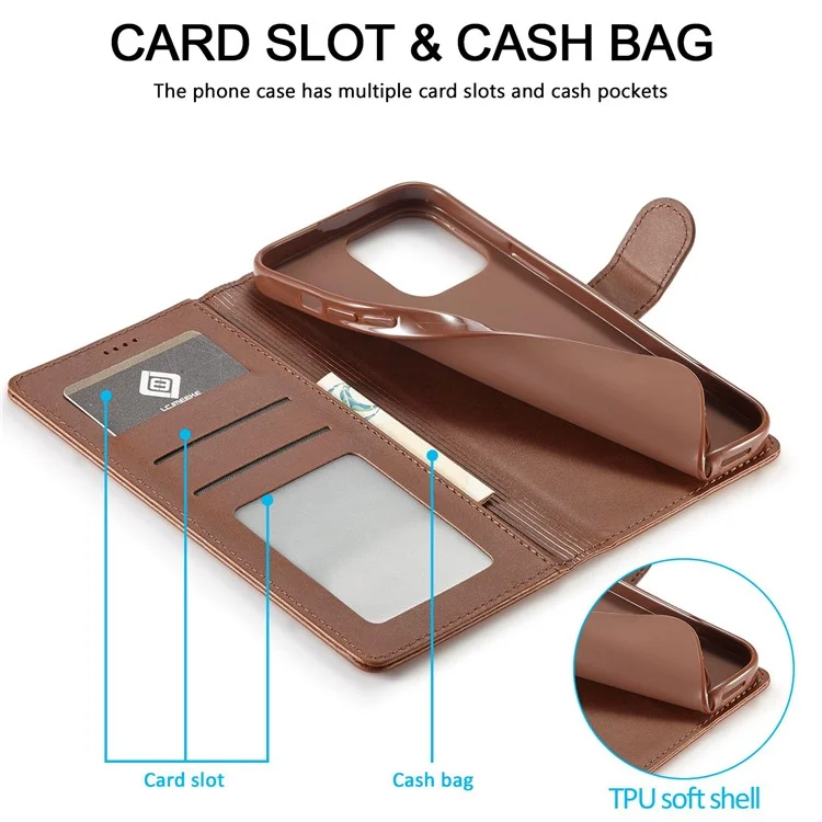 LC.IMEEKE For iPhone 14 Pro Max 6.7 inch PU Leather Folio Flip Wallet Case Magnetic Closure Stand Shockproof Phone Cover - Brown