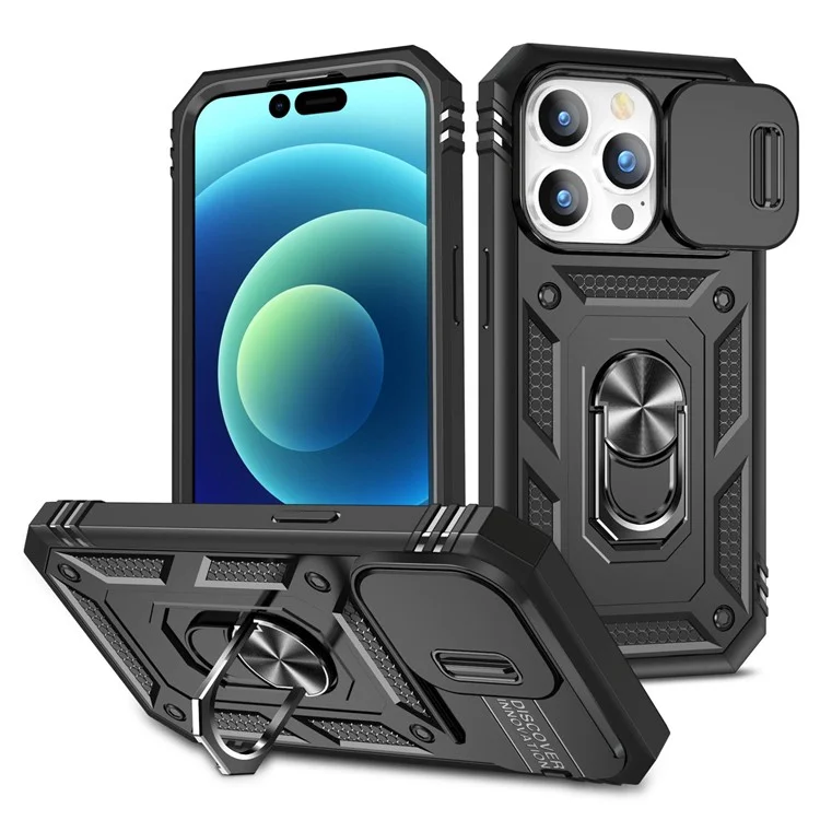 Pour iPhone 14 Pro Max 6,7 pouces Coque de téléphone PC+TPU Couvercle de l'objectif de l'appareil photo coulissant Design avec support / fente pour carte - Noir