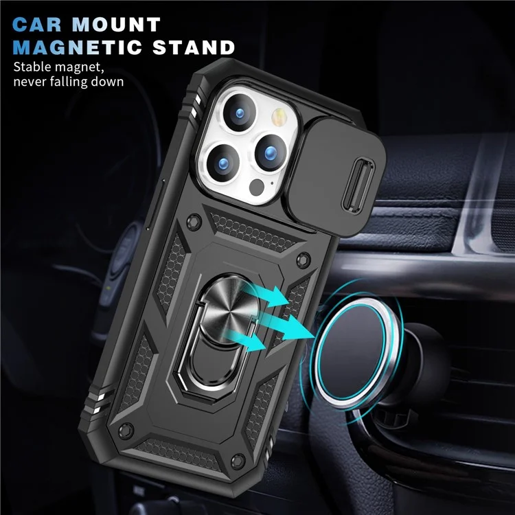 Pour iPhone 14 Pro Max 6,7 pouces Coque de téléphone PC+TPU Couvercle de l'objectif de l'appareil photo coulissant Design avec support / fente pour carte - Noir