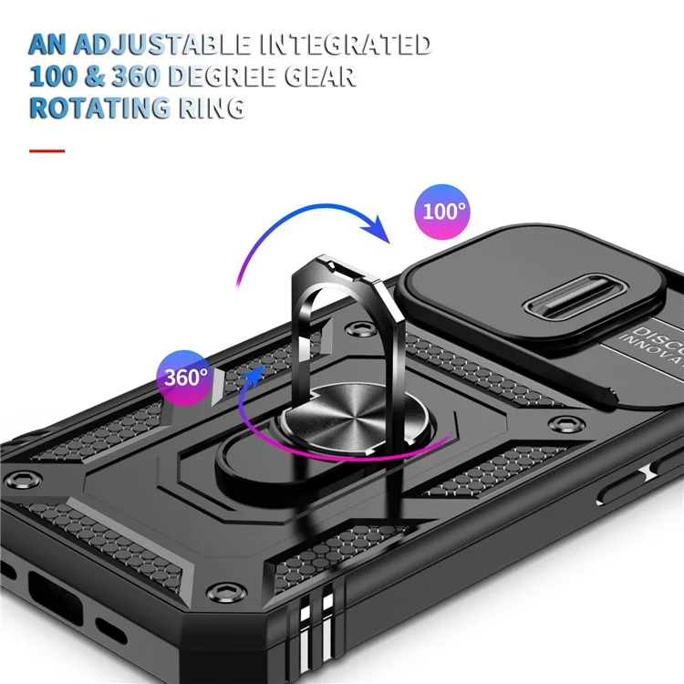 Pour iPhone 14 Pro Max 6,7 pouces Coque de téléphone PC+TPU Couvercle de l'objectif de l'appareil photo coulissant Design avec support / fente pour carte - Noir