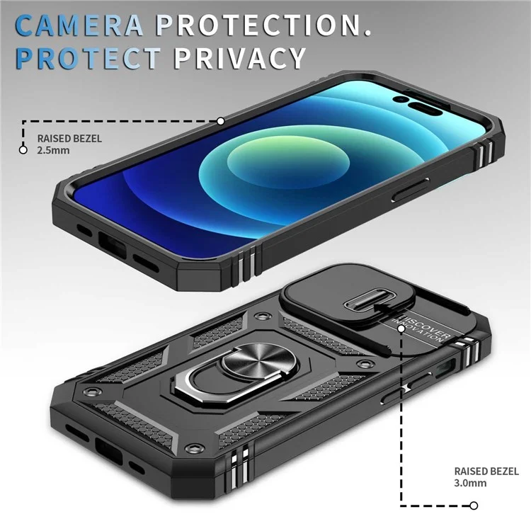 Pour iPhone 14 Pro Max 6,7 pouces Coque de téléphone PC+TPU Couvercle de l'objectif de l'appareil photo coulissant Design avec support / fente pour carte - Noir