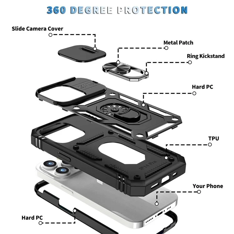 Pour iPhone 14 Pro Max 6,7 pouces Coque de téléphone PC+TPU Couvercle de l'objectif de l'appareil photo coulissant Design avec support / fente pour carte - Noir