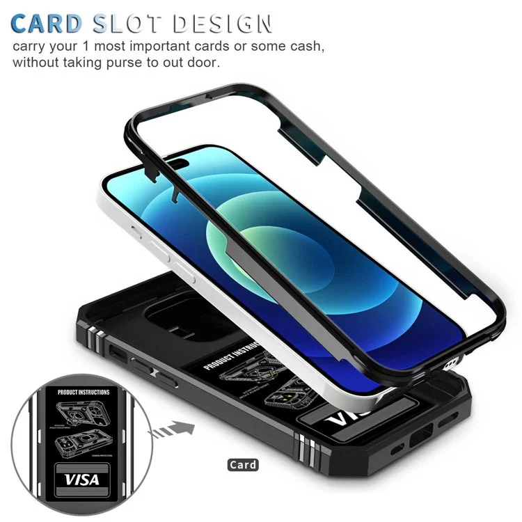 Pour iPhone 14 Pro Max 6,7 pouces Coque de téléphone PC+TPU Couvercle de l'objectif de l'appareil photo coulissant Design avec support / fente pour carte - Noir