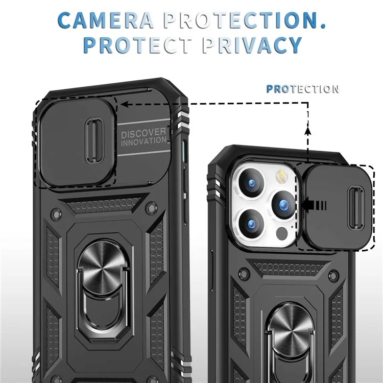 Pour iPhone 14 Pro Max 6,7 pouces Coque de téléphone PC+TPU Couvercle de l'objectif de l'appareil photo coulissant Design avec support / fente pour carte - Noir