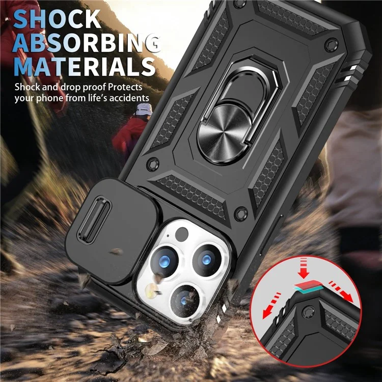 Pour iPhone 14 Pro Max 6,7 pouces Coque de téléphone PC+TPU Couvercle de l'objectif de l'appareil photo coulissant Design avec support / fente pour carte - Noir