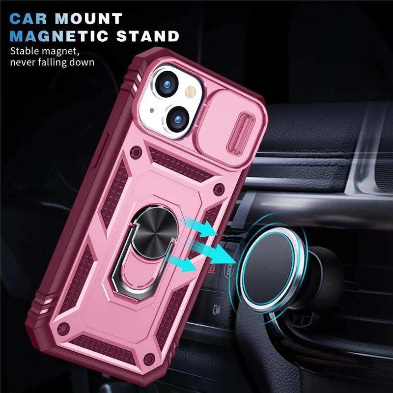 For iPhone 14 6.1 inch PC+TPU Kickstand Function Anti-wear Back Cover Sliding Camera Lens Protector Case with Card Slot - Pink  /  Dark Red