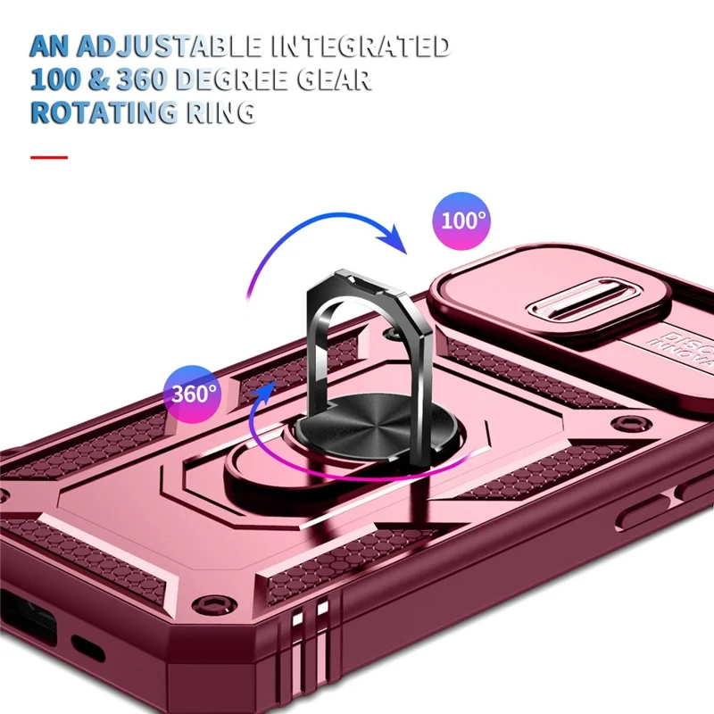 For iPhone 14 6.1 inch PC+TPU Kickstand Function Anti-wear Back Cover Sliding Camera Lens Protector Case with Card Slot - Pink  /  Dark Red