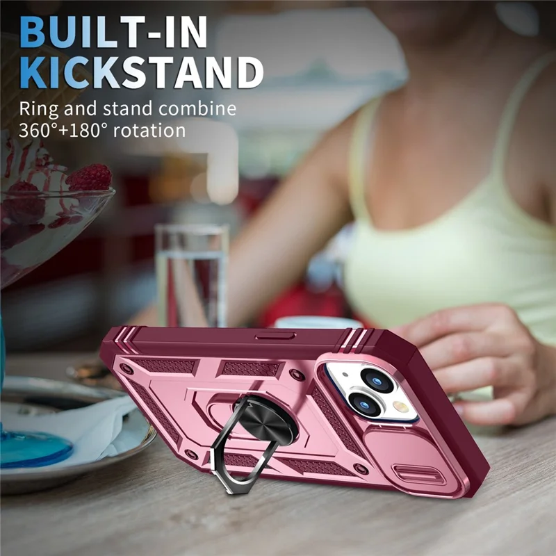 For iPhone 14 6.1 inch PC+TPU Kickstand Function Anti-wear Back Cover Sliding Camera Lens Protector Case with Card Slot - Pink  /  Dark Red