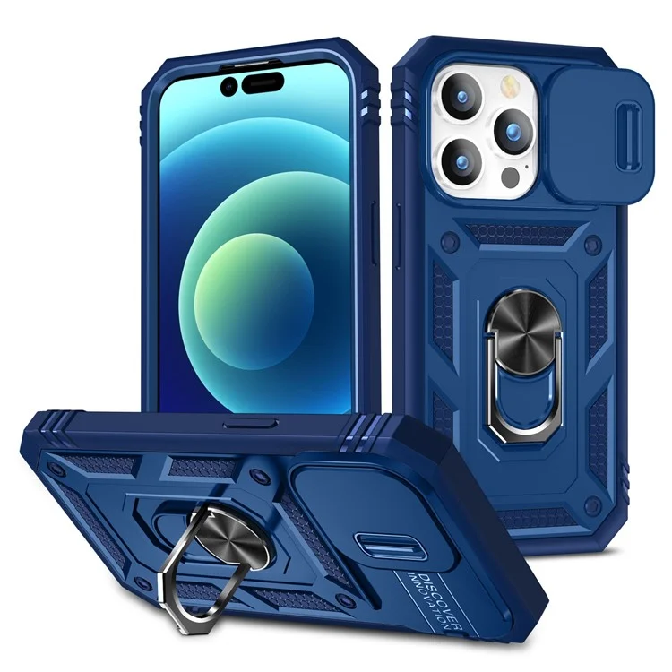 Para iPhone 14 Pro de 6.1 pulgadas Diseño de cubierta deslizante de la lente de la cámara resistente al desgaste PC+TPU Funda anti-golpes con soporte / Ranura para tarjeta - Azul