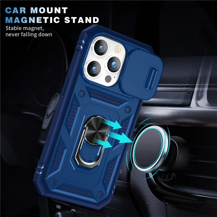 Para iPhone 14 Pro de 6.1 pulgadas Diseño de cubierta deslizante de la lente de la cámara resistente al desgaste PC+TPU Funda anti-golpes con soporte / Ranura para tarjeta - Azul