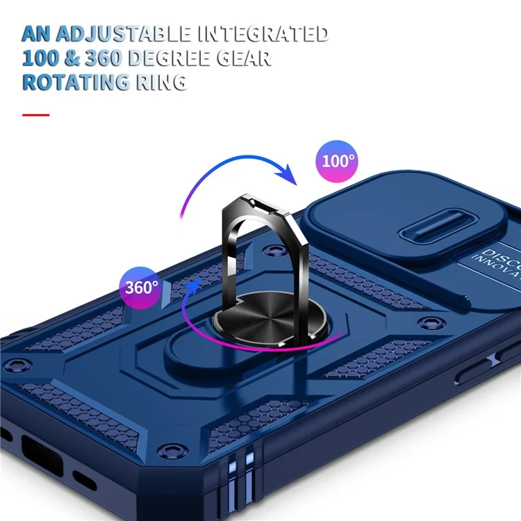 Para iPhone 14 Pro de 6.1 pulgadas Diseño de cubierta deslizante de la lente de la cámara resistente al desgaste PC+TPU Funda anti-golpes con soporte / Ranura para tarjeta - Azul