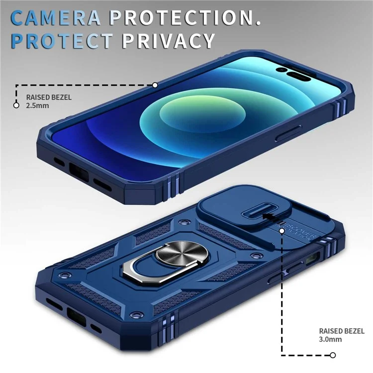 Para iPhone 14 Pro de 6.1 pulgadas Diseño de cubierta deslizante de la lente de la cámara resistente al desgaste PC+TPU Funda anti-golpes con soporte / Ranura para tarjeta - Azul