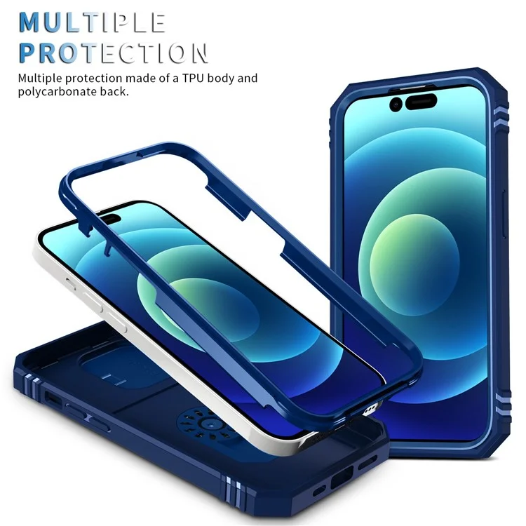 Para iPhone 14 Pro de 6.1 pulgadas Diseño de cubierta deslizante de la lente de la cámara resistente al desgaste PC+TPU Funda anti-golpes con soporte / Ranura para tarjeta - Azul