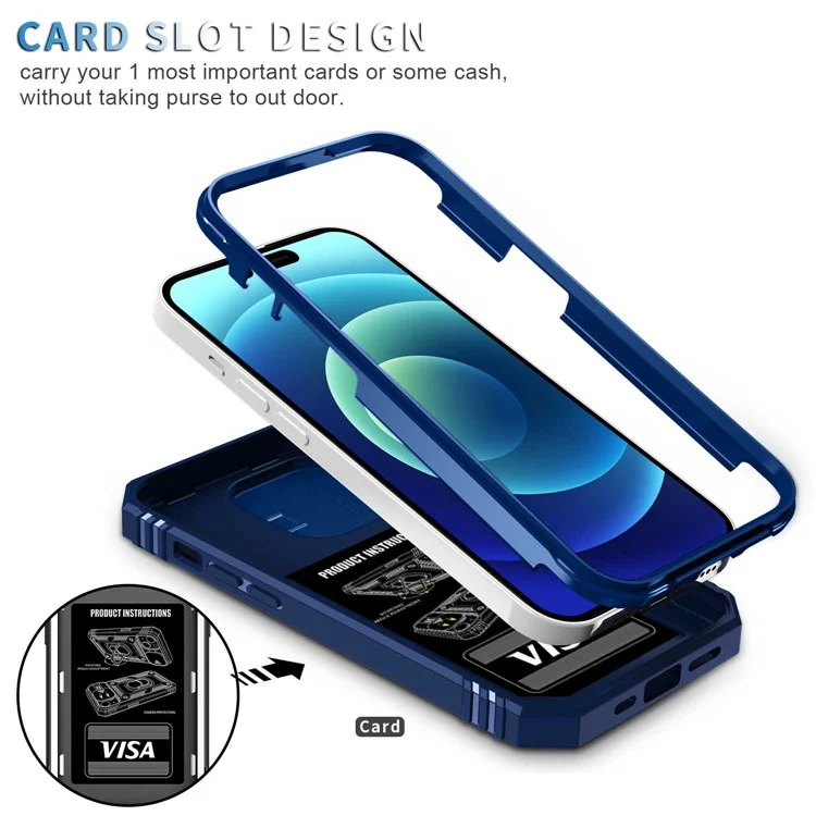 Para iPhone 14 Pro de 6.1 pulgadas Diseño de cubierta deslizante de la lente de la cámara resistente al desgaste PC+TPU Funda anti-golpes con soporte / Ranura para tarjeta - Azul