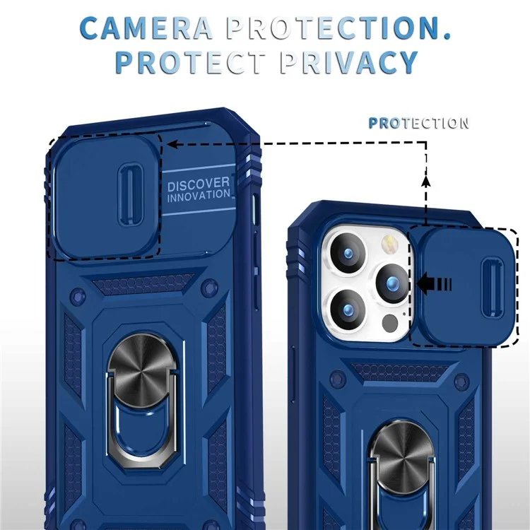 Para iPhone 14 Pro de 6.1 pulgadas Diseño de cubierta deslizante de la lente de la cámara resistente al desgaste PC+TPU Funda anti-golpes con soporte / Ranura para tarjeta - Azul